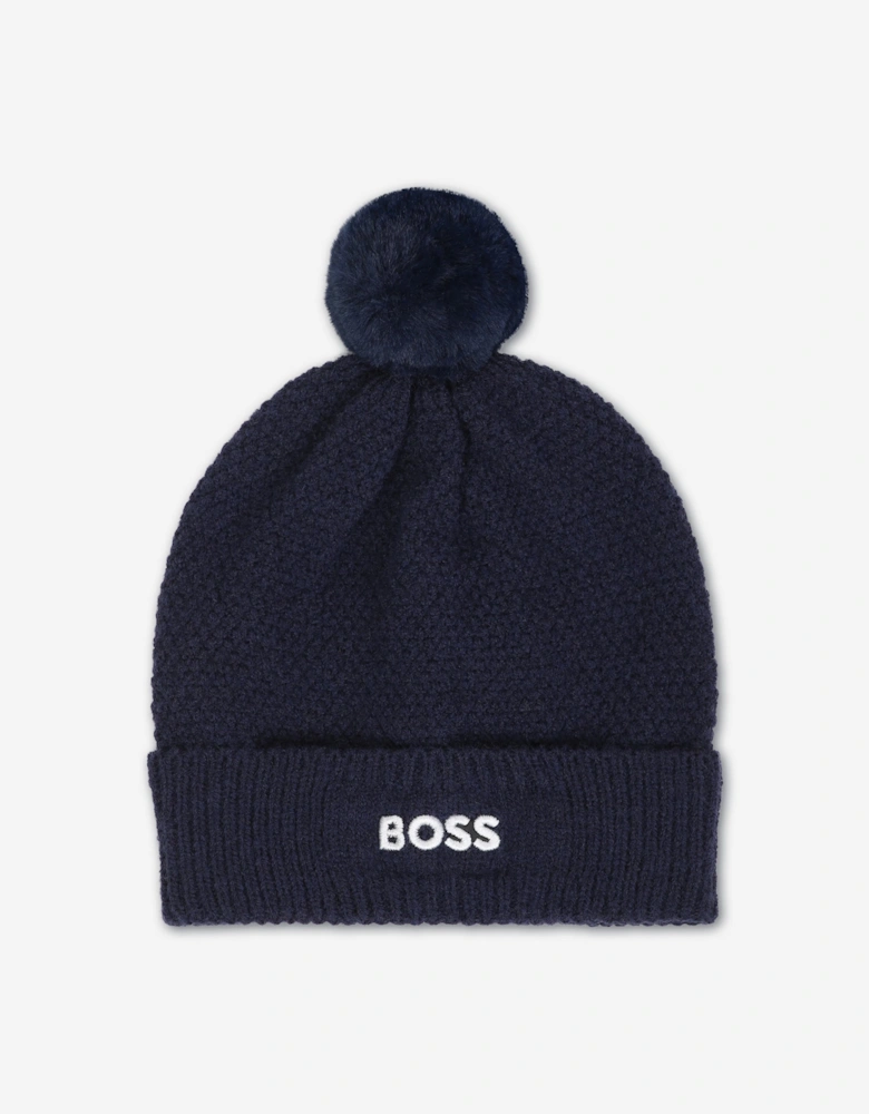 BOSS Baby Boys Textured Beanie with Pom Pom in Navy