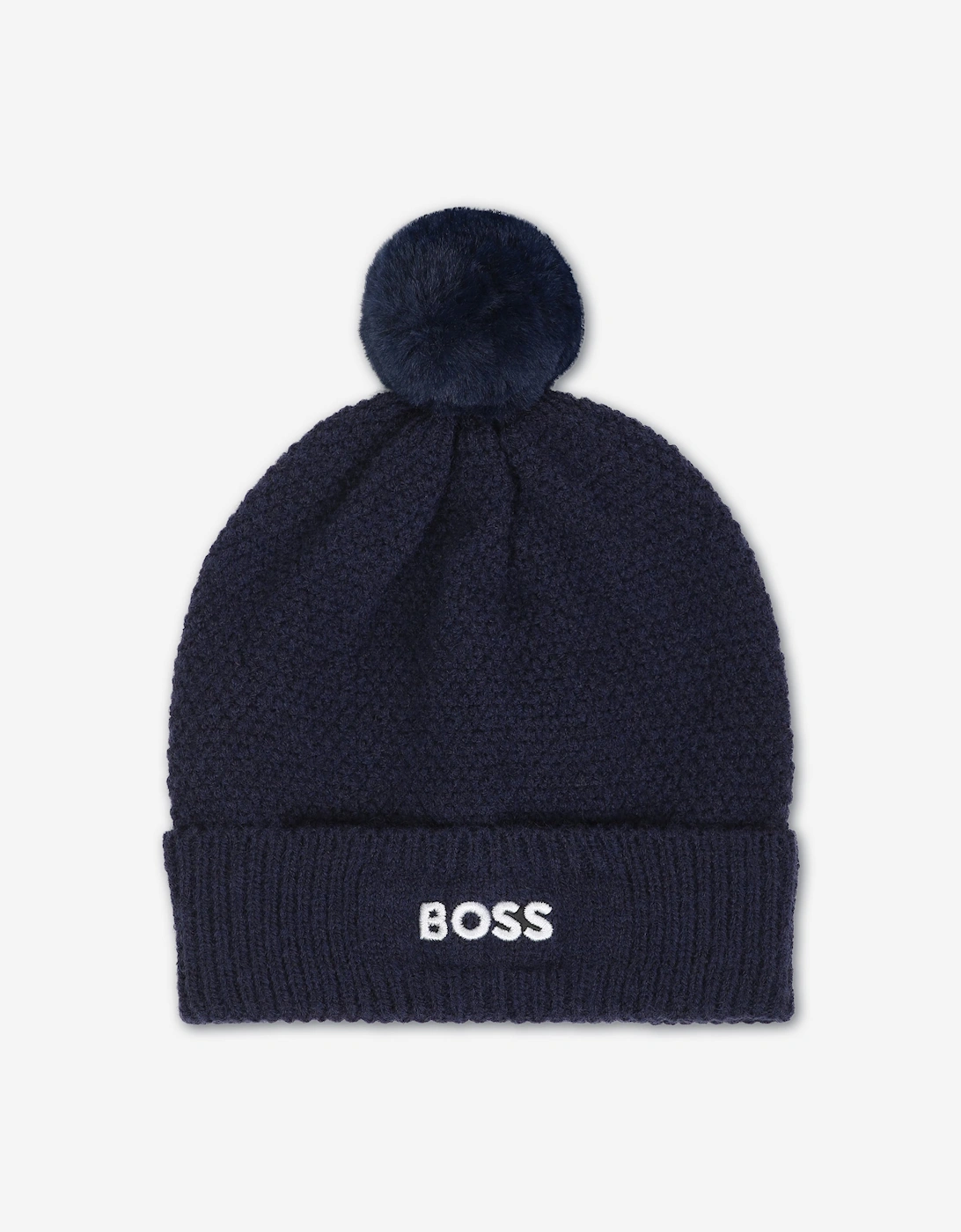 BOSS Baby Boys Textured Beanie with Pom Pom in Navy