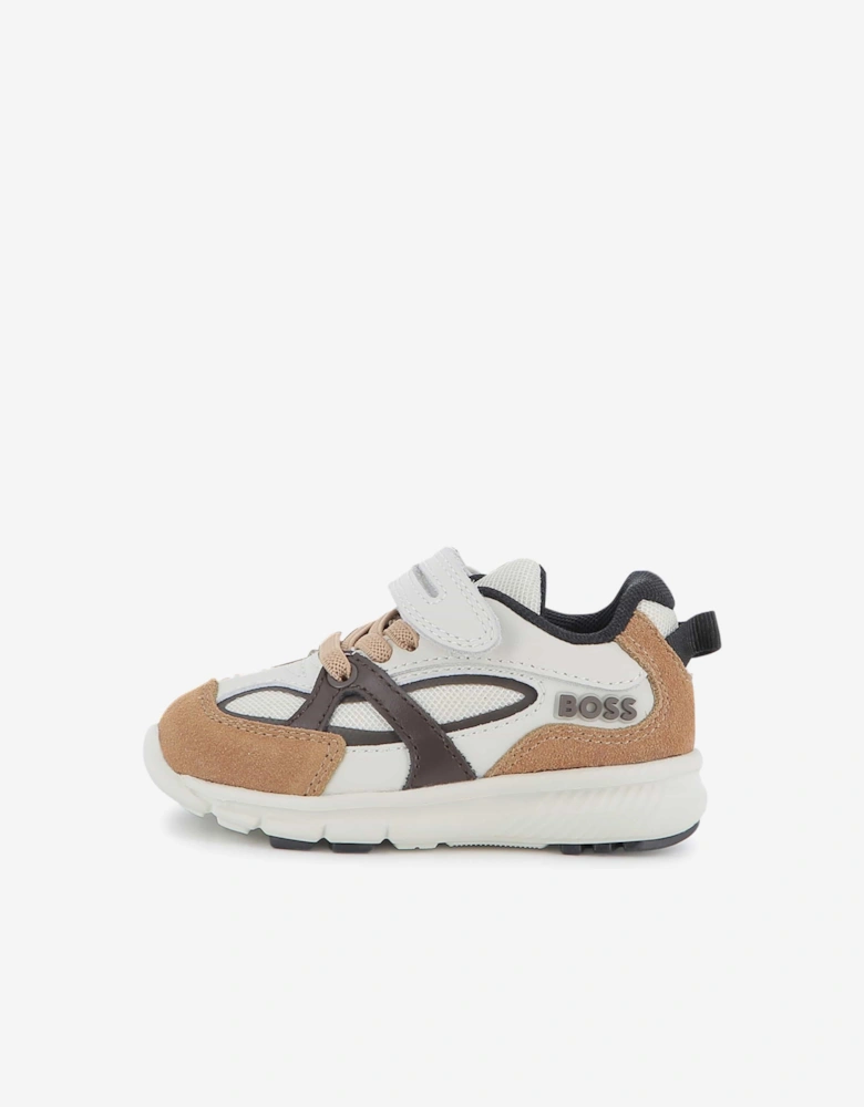BOSS Boys Leather and Mesh Logo Trainers in Brown