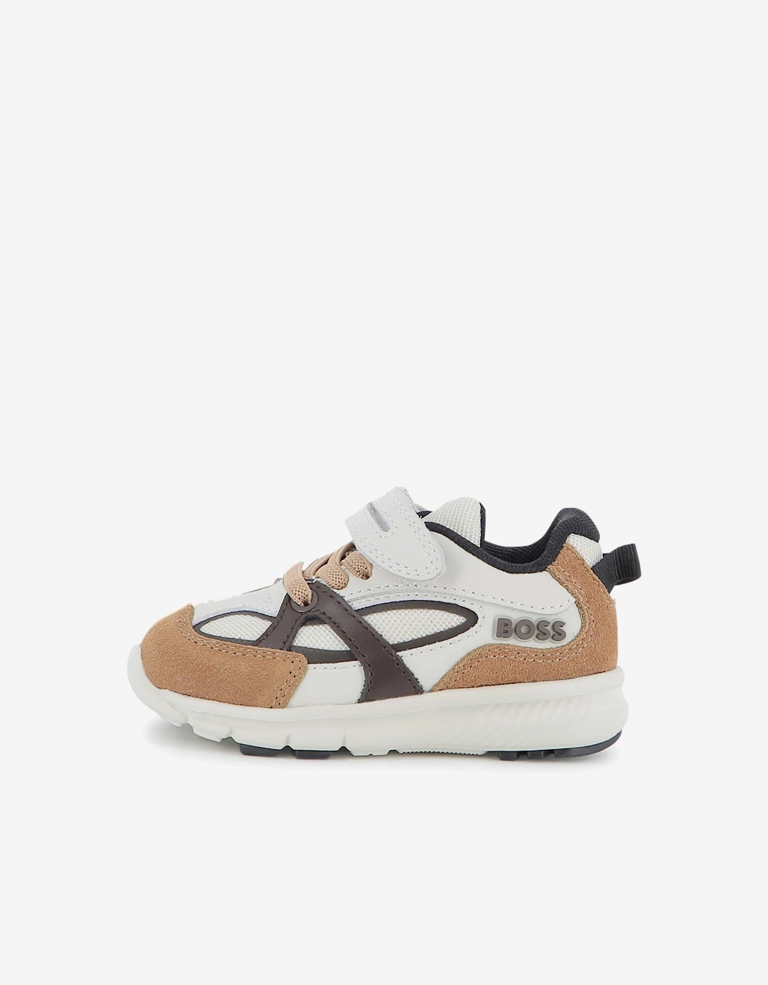 BOSS Boys Leather and Mesh Logo Trainers in Brown