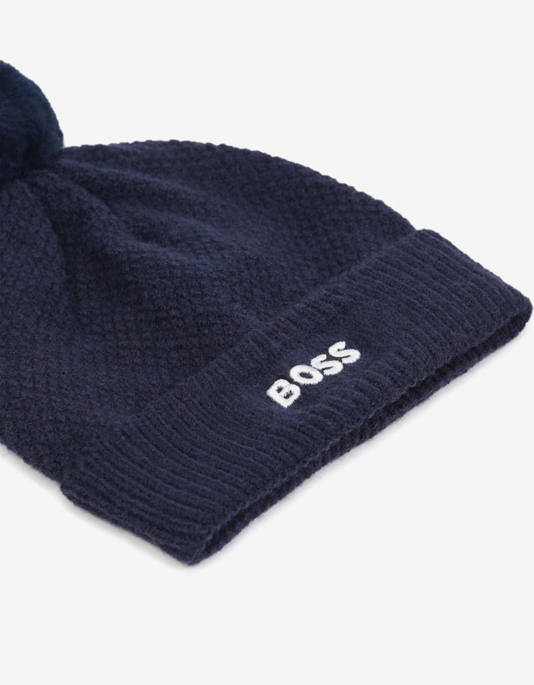 BOSS Baby Boys Textured Beanie with Pom Pom in Navy
