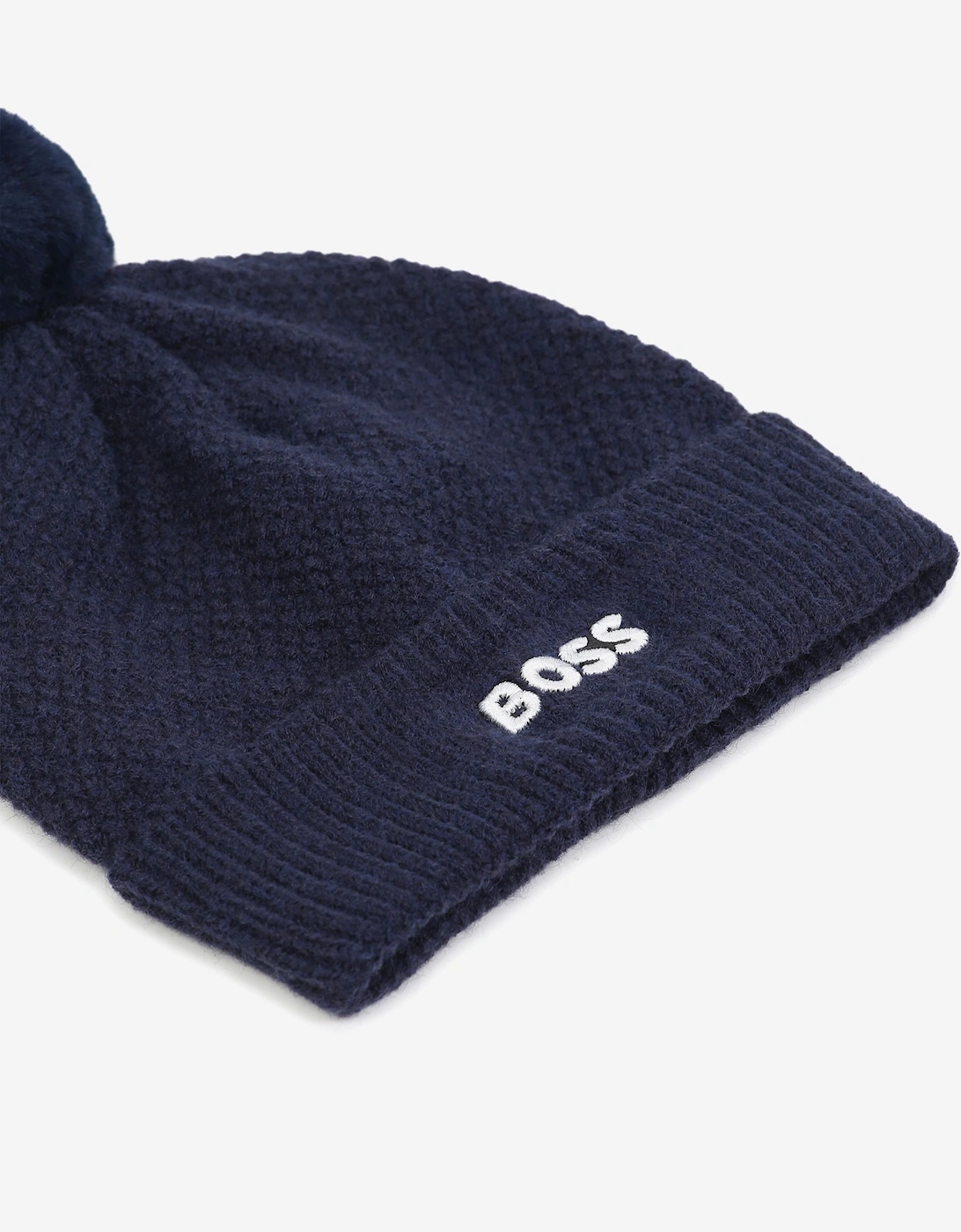 BOSS Baby Boys Textured Beanie with Pom Pom in Navy