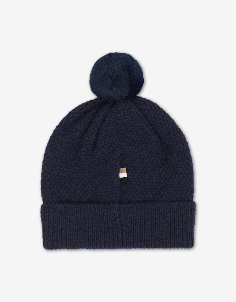 BOSS Baby Boys Textured Beanie with Pom Pom in Navy