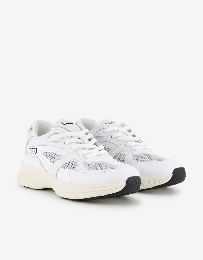 BOSS Boys Leather and Mesh Logo Trainers in White