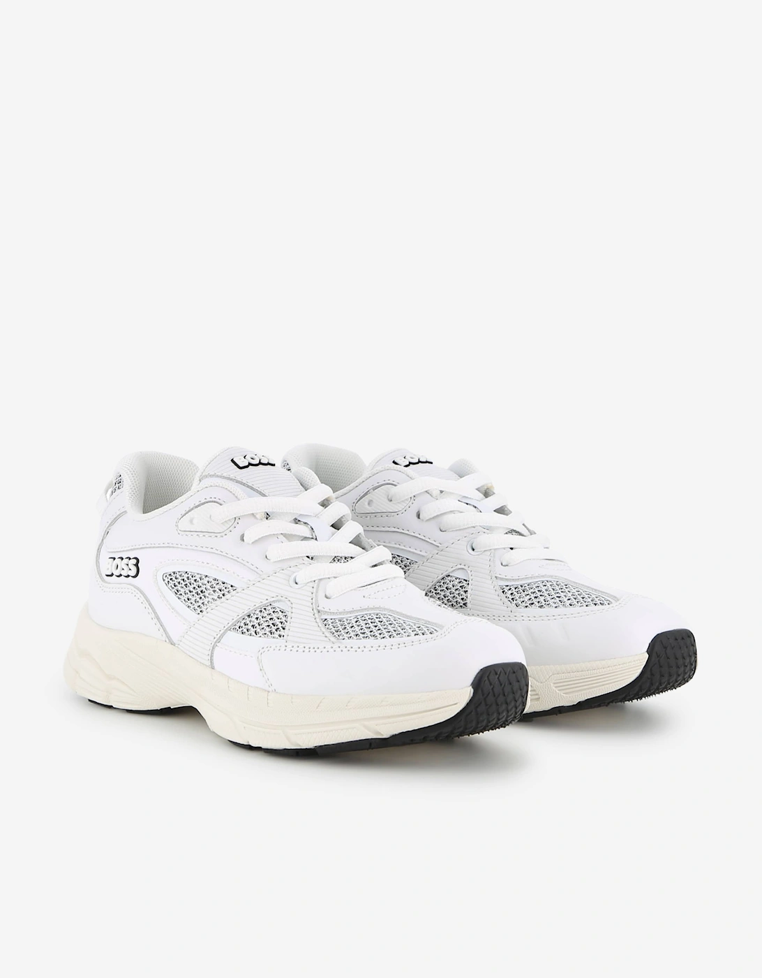 BOSS Boys Leather and Mesh Logo Trainers in White