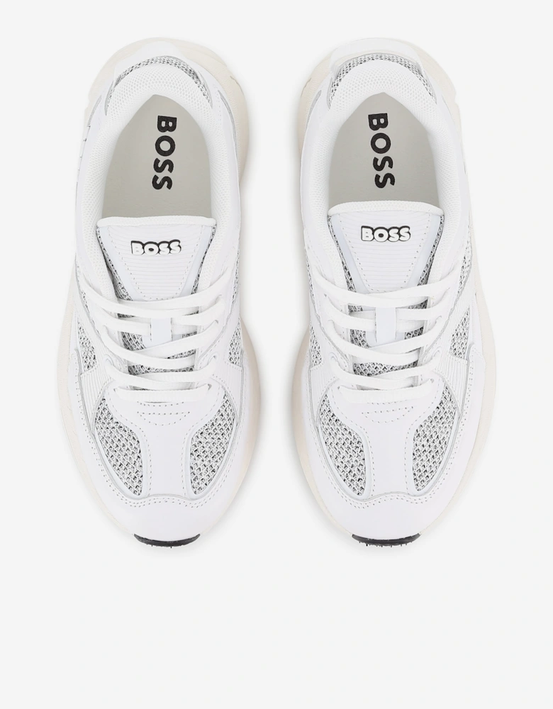 BOSS Boys Leather and Mesh Logo Trainers in White