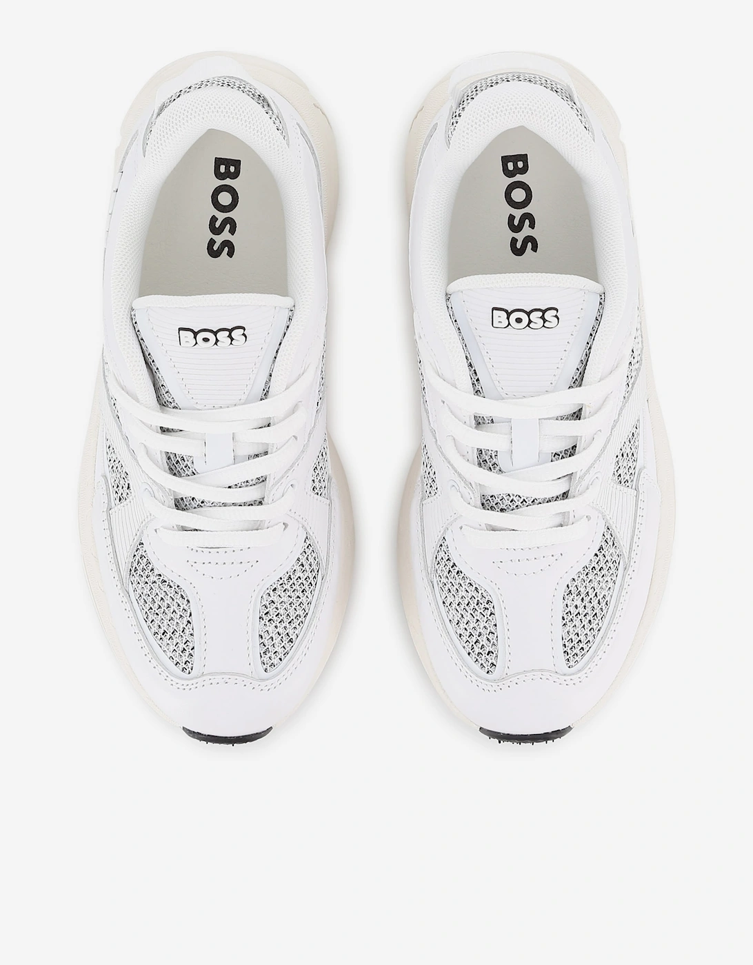 BOSS Boys Leather and Mesh Logo Trainers in White