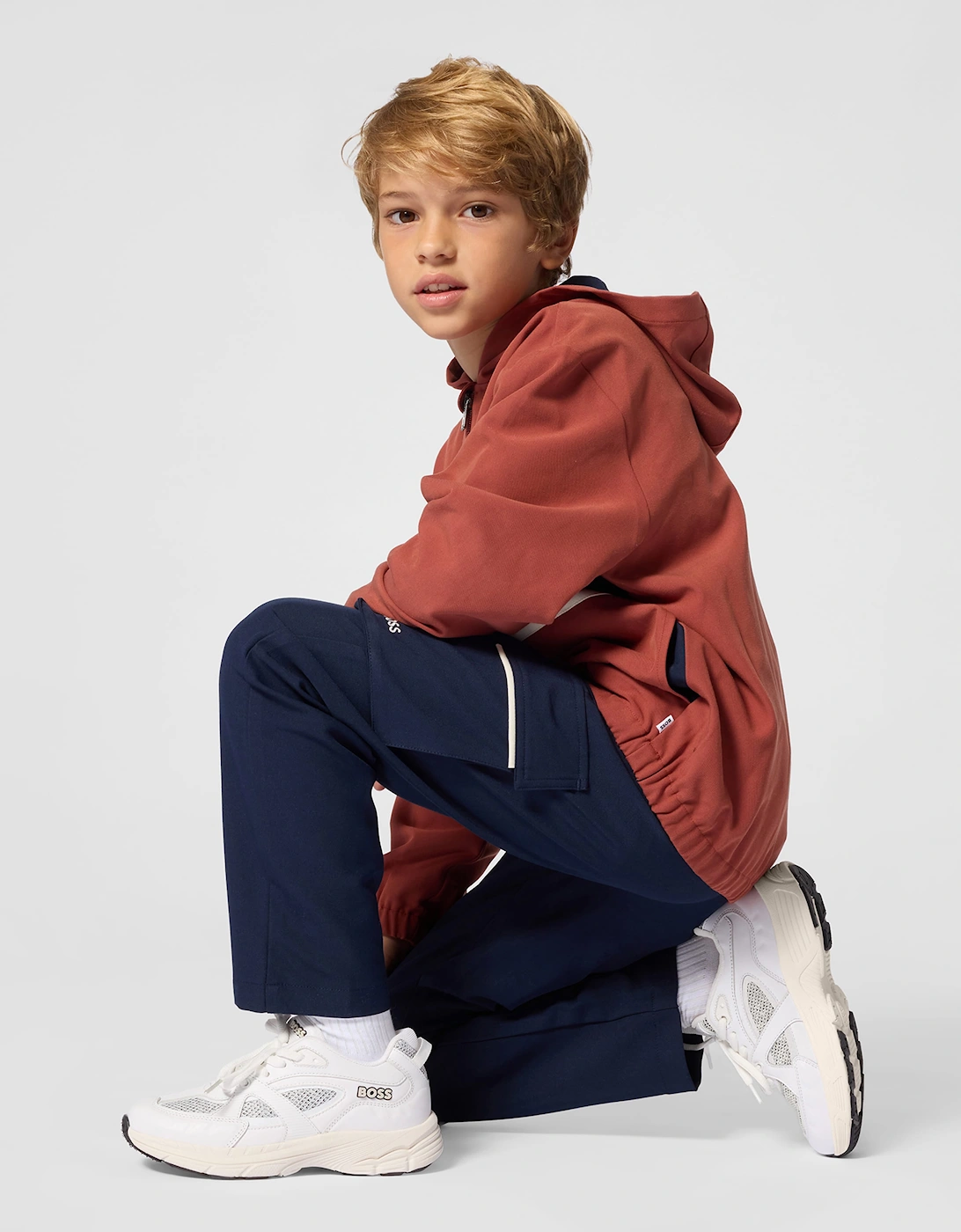 BOSS Boys Leather and Mesh Logo Trainers in White