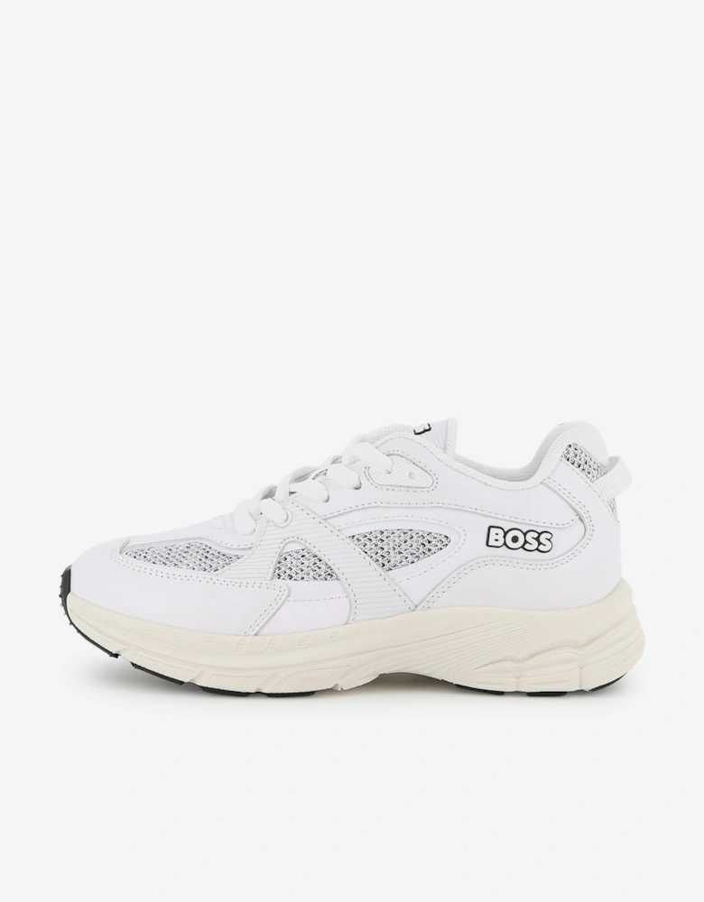 BOSS Boys Leather and Mesh Logo Trainers in White