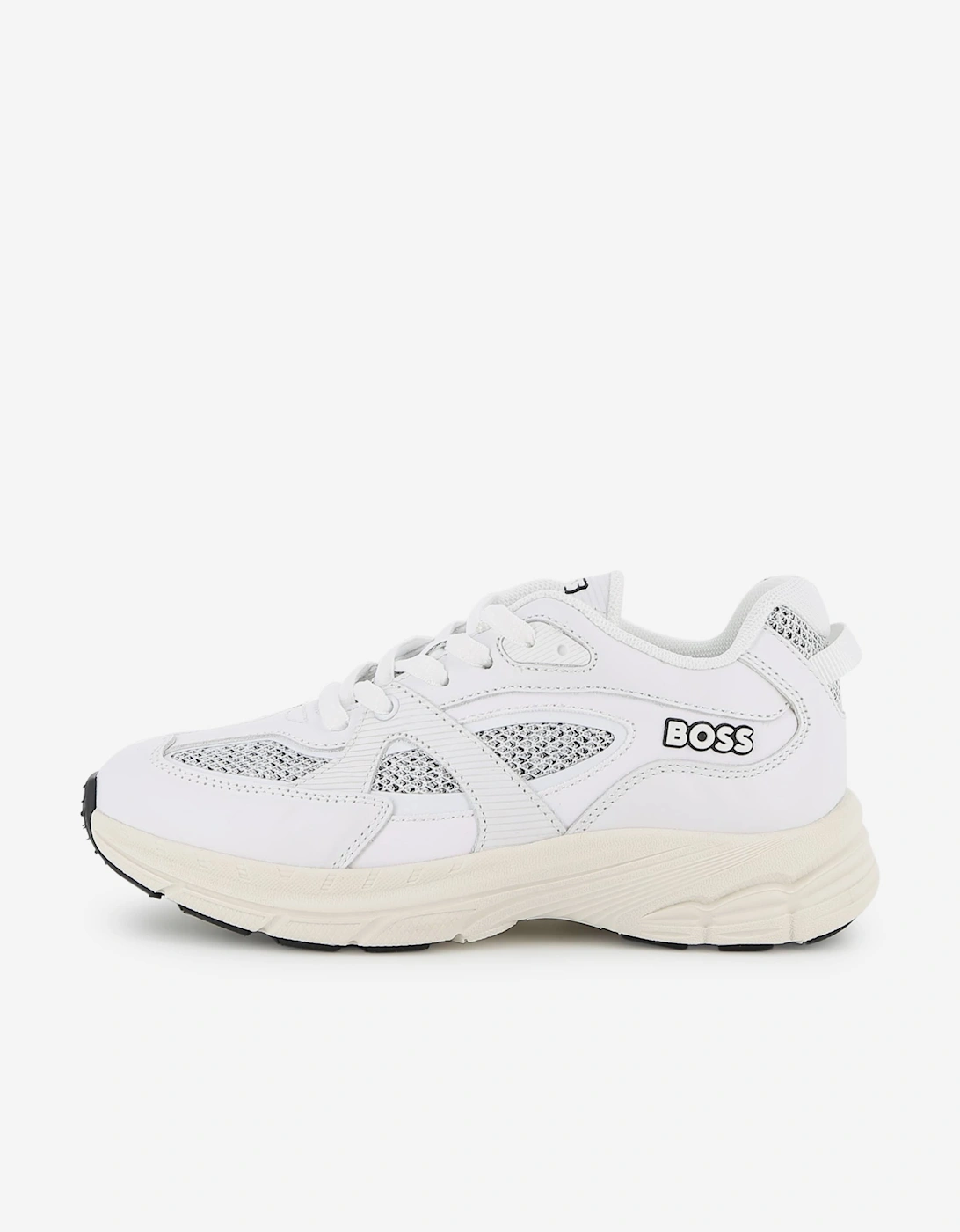 BOSS Boys Leather and Mesh Logo Trainers in White
