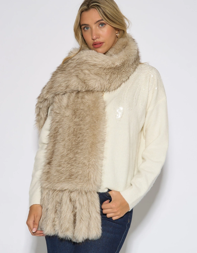 Off White Faux Fur Tassel Scarf