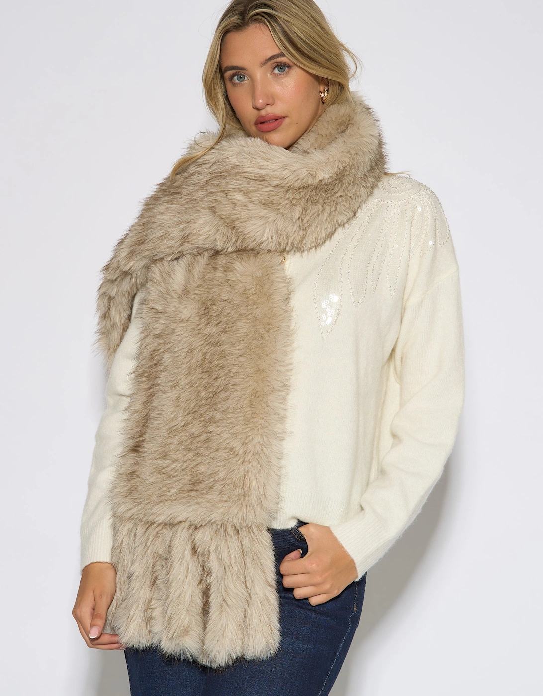 Off White Faux Fur Tassel Scarf