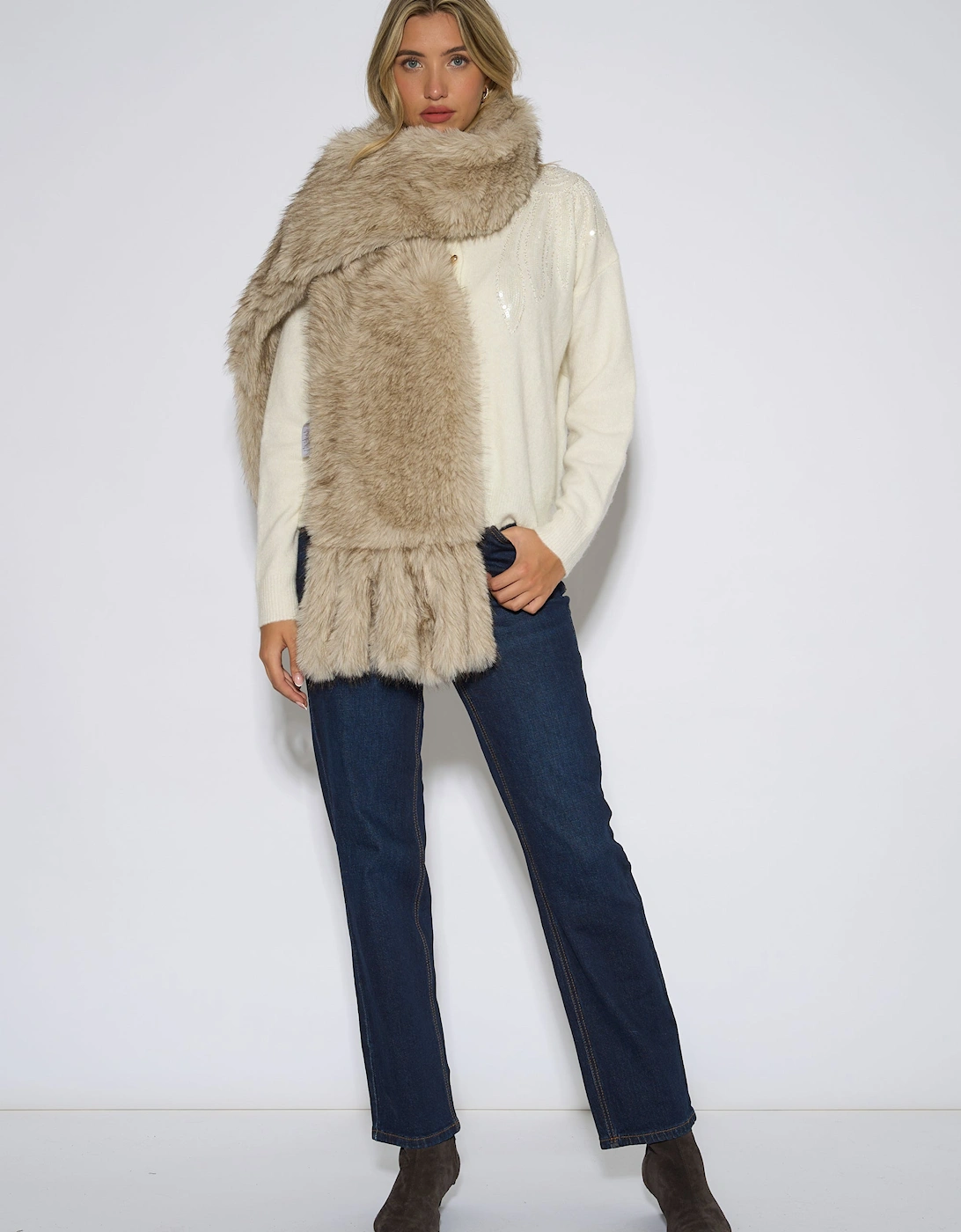 Off White Faux Fur Tassel Scarf