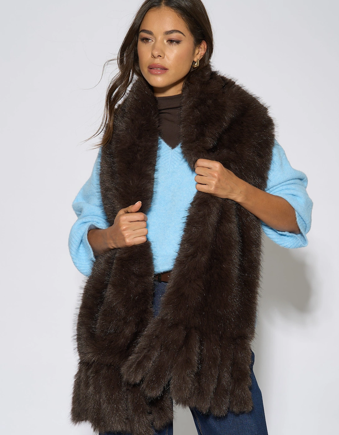 Brown Faux Fur Tassel Scarf