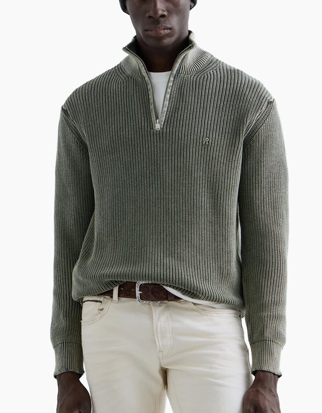 Replay Men's Replay 1/4 zip Knit Acid Wash Neon Reactive LIGHT KHAKI - Green