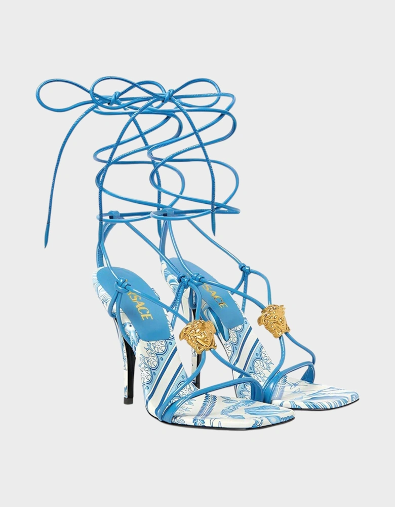 Medusa Barocco Square Toe Heeled Sandals Blue White