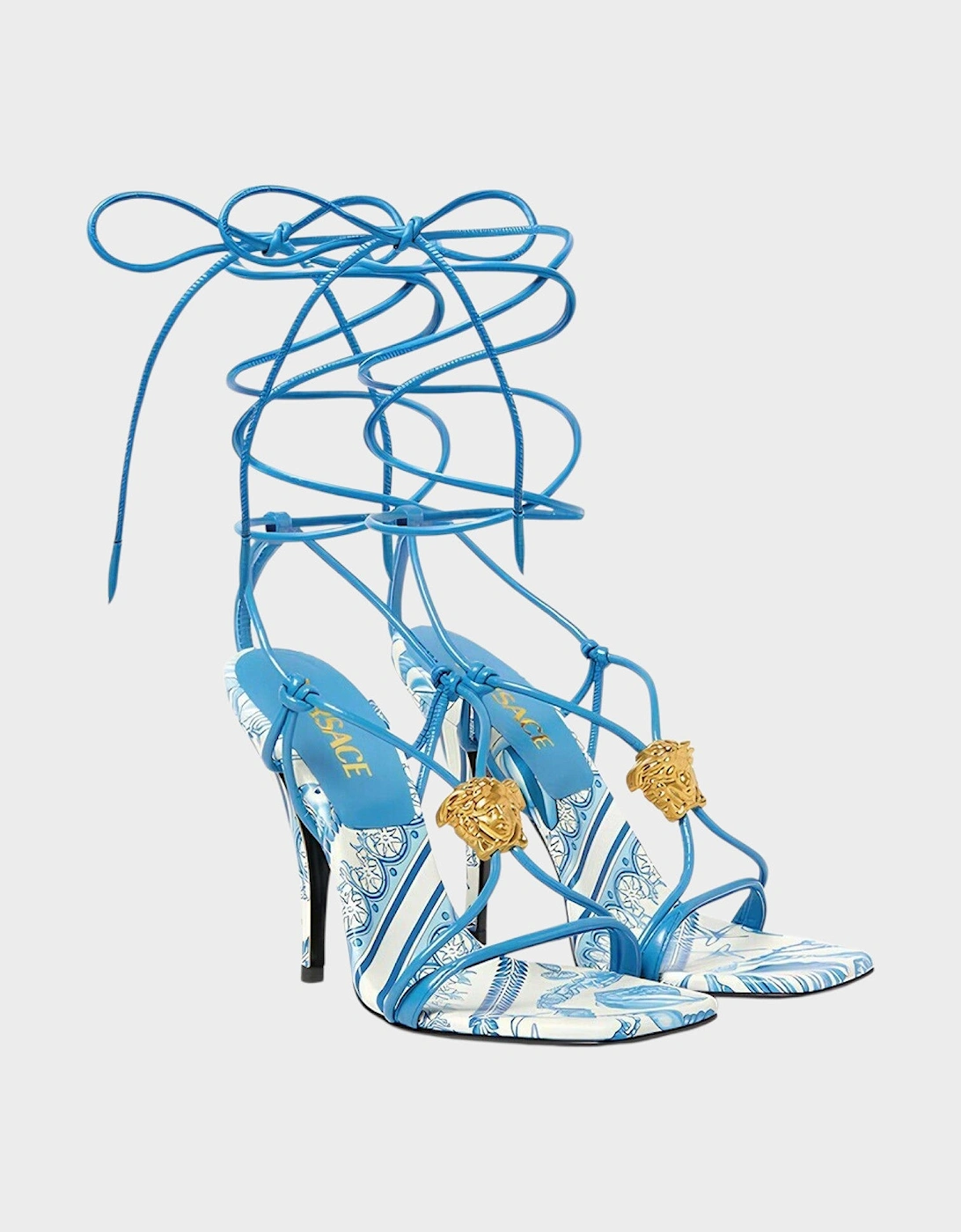 Medusa Barocco Square Toe Heeled Sandals Blue White