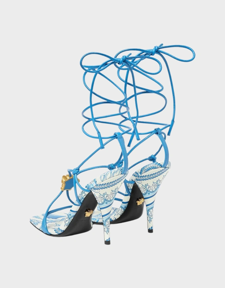 Medusa Barocco Square Toe Heeled Sandals Blue White