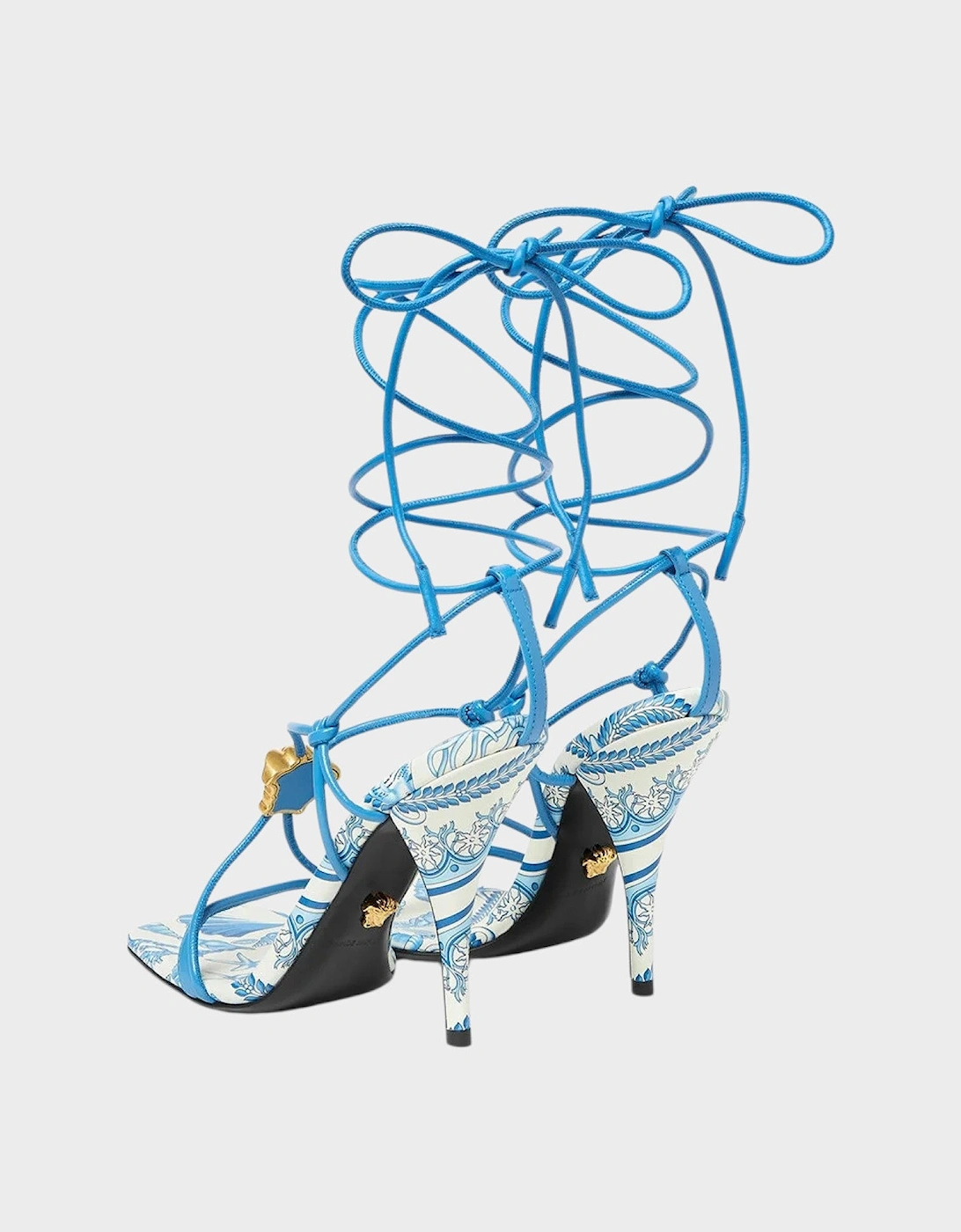 Medusa Barocco Square Toe Heeled Sandals Blue White
