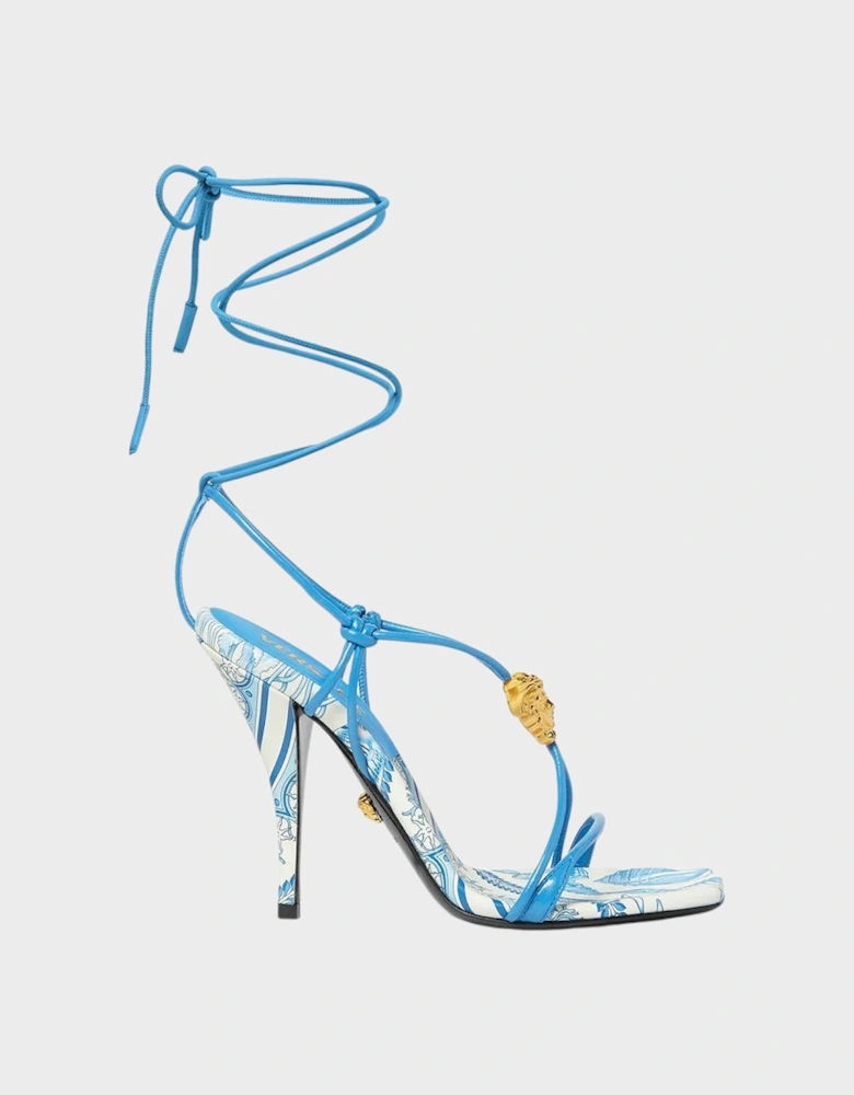 Medusa Barocco Square Toe Heeled Sandals Blue White