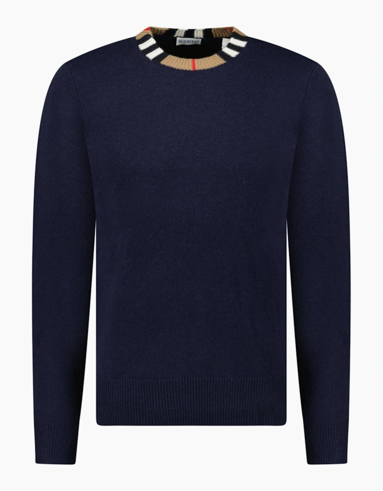 Burberry 'Noland' Knitted Wool/ Cashmere Jumper Check Neck Navy