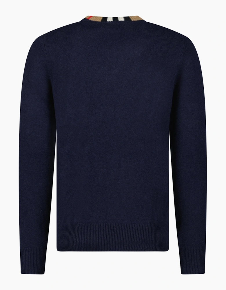 Burberry 'Noland' Knitted Wool/ Cashmere Jumper Check Neck Navy