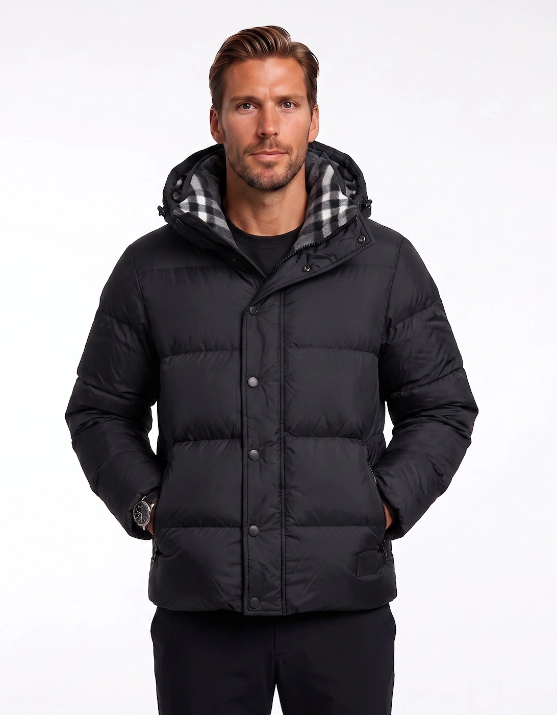 Burberry 'Halsby' Hooded Check Down Jacket Black