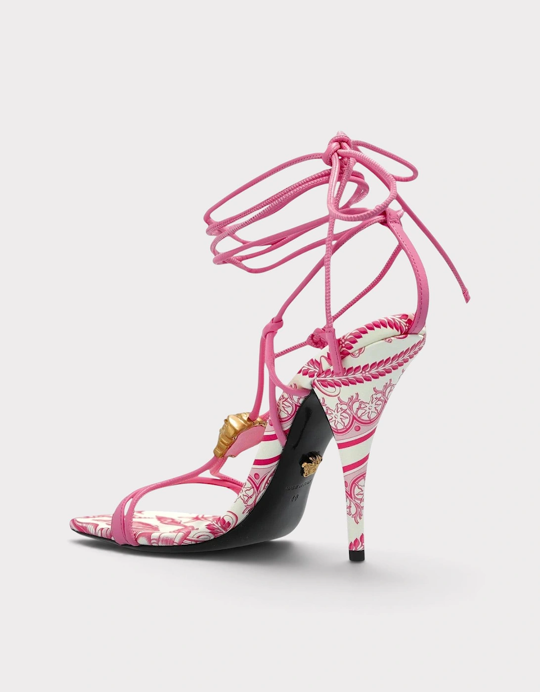 Medusa Barocco Square Toe Heeled Sandals Pink White