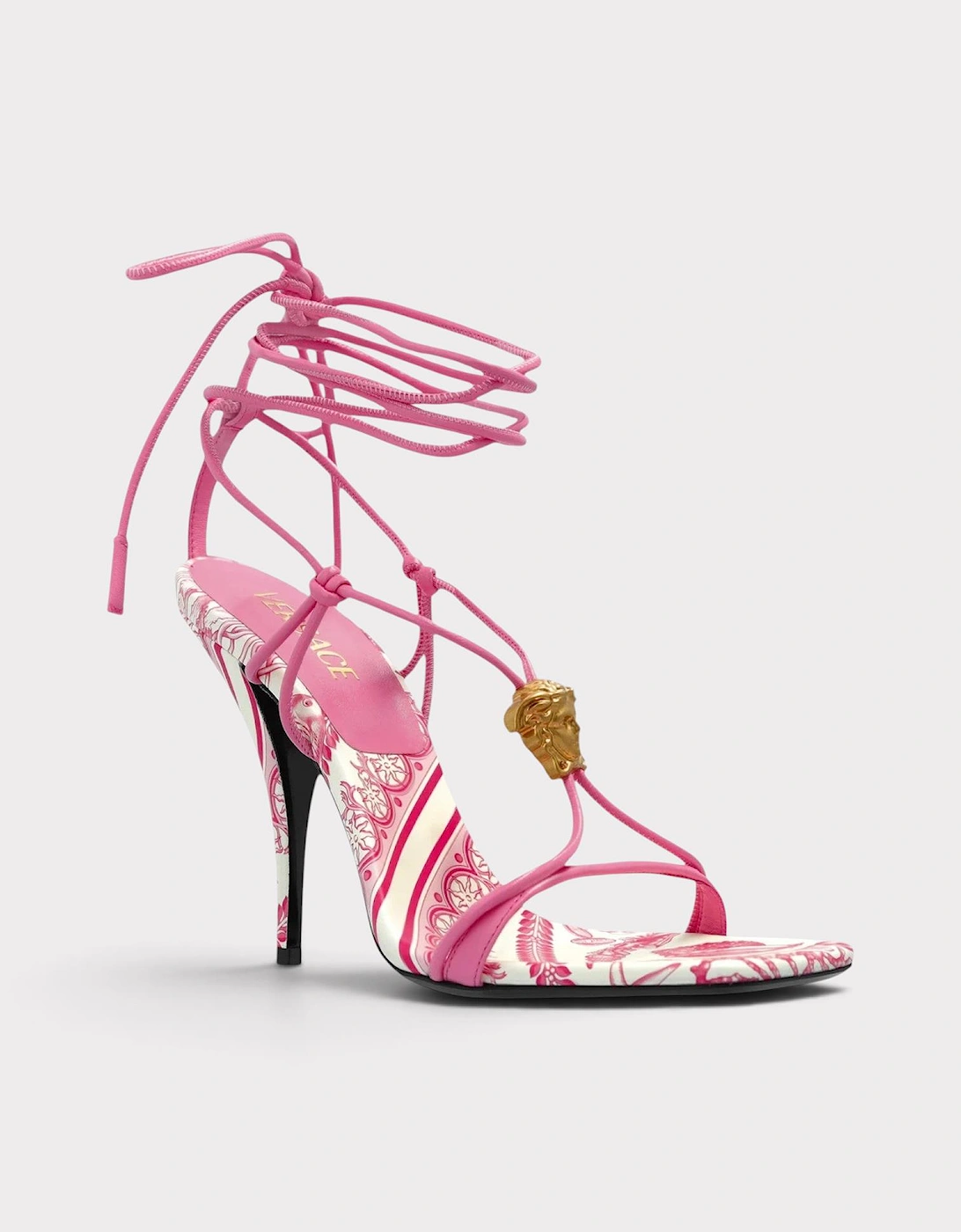 Medusa Barocco Square Toe Heeled Sandals Pink White