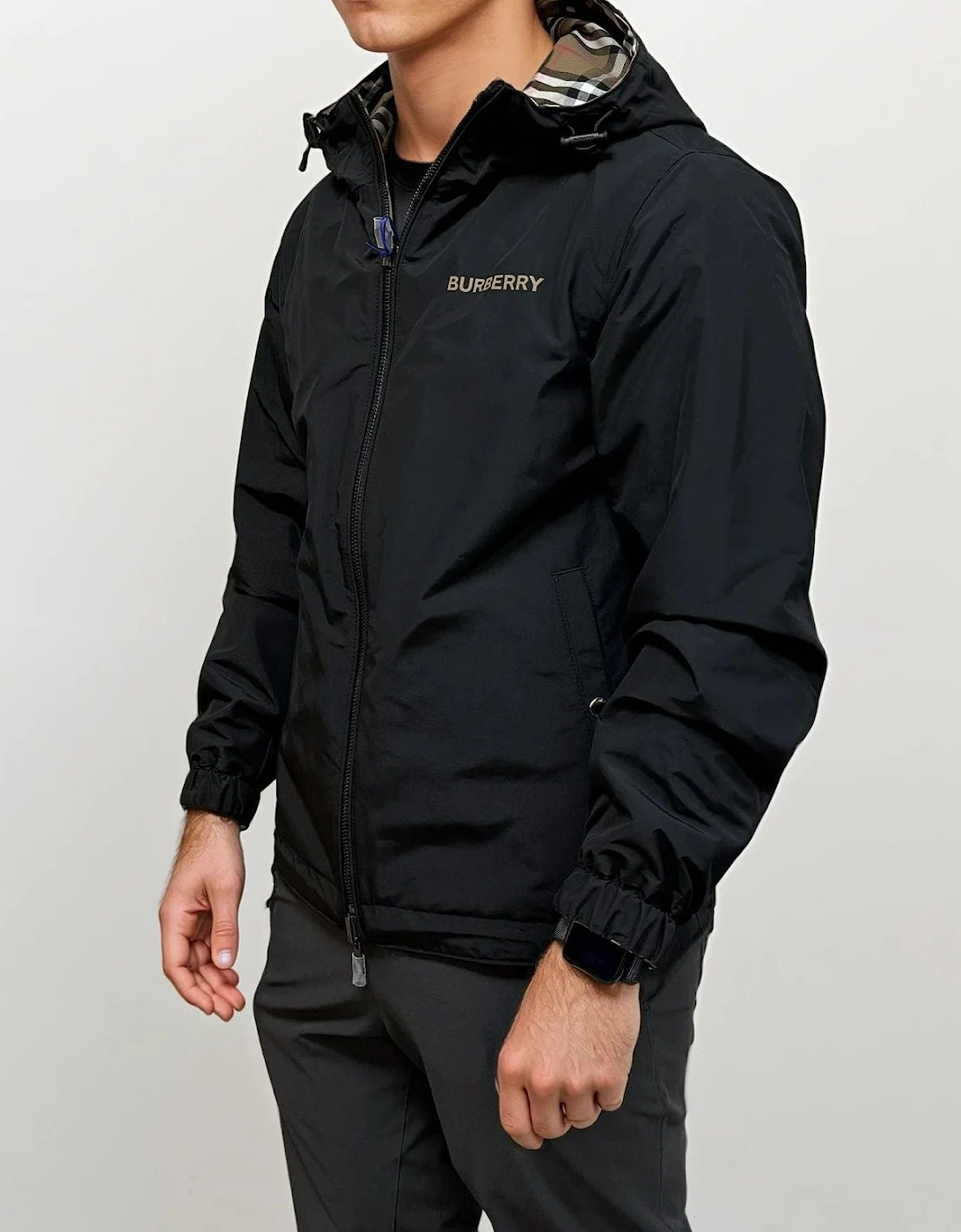 Burberry 'Stanford' Zip-Up Check Reversible Hooded Jacket Black & Check