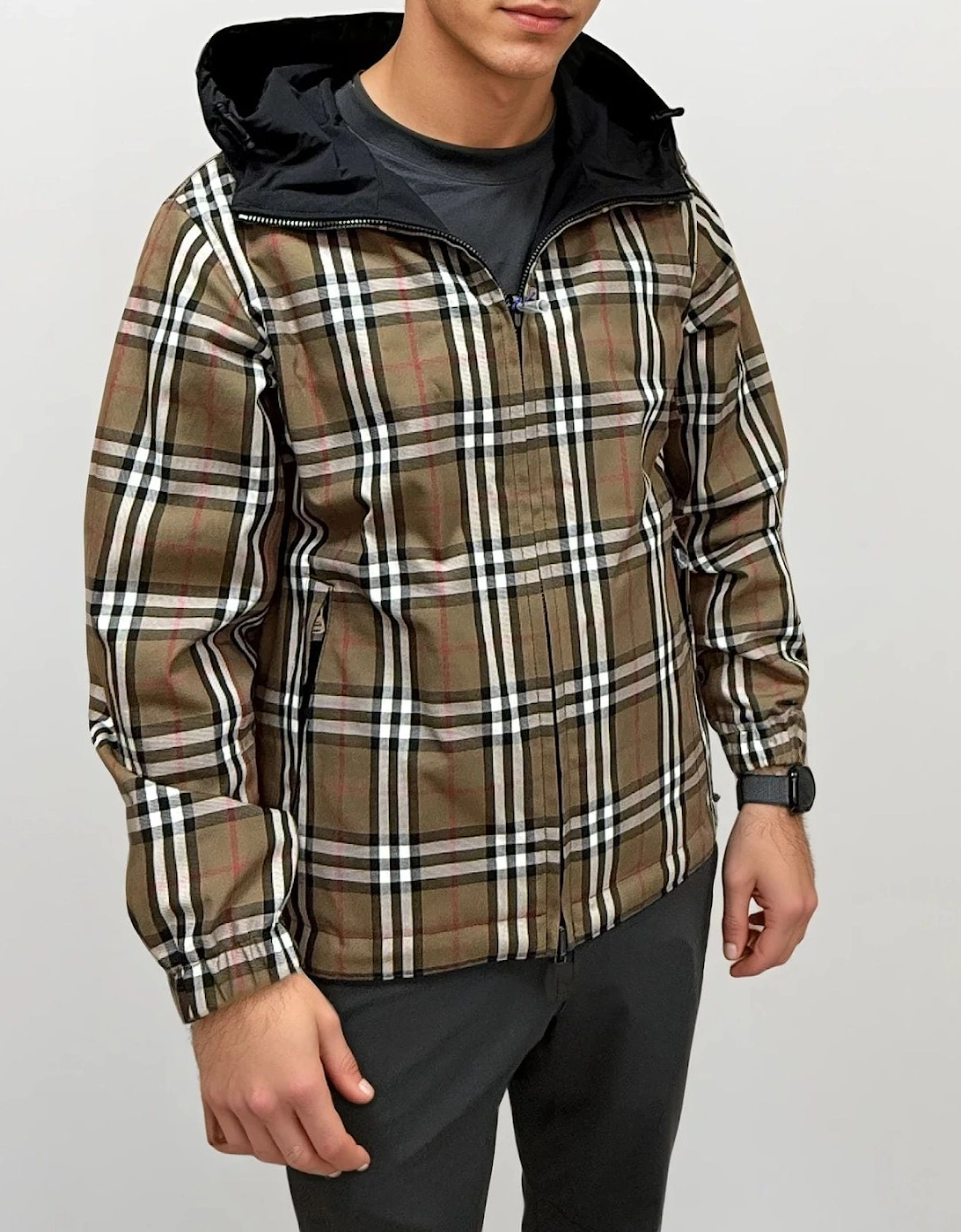 Burberry 'Stanford' Zip-Up Check Reversible Hooded Jacket Black & Check
