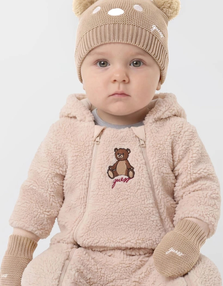 Guess Baby Pom Pom Hat and Mittens Set in Beige