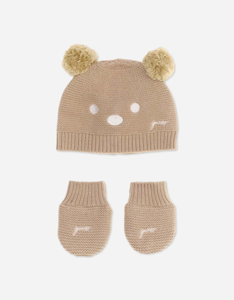 Guess Baby Pom Pom Hat and Mittens Set in Beige