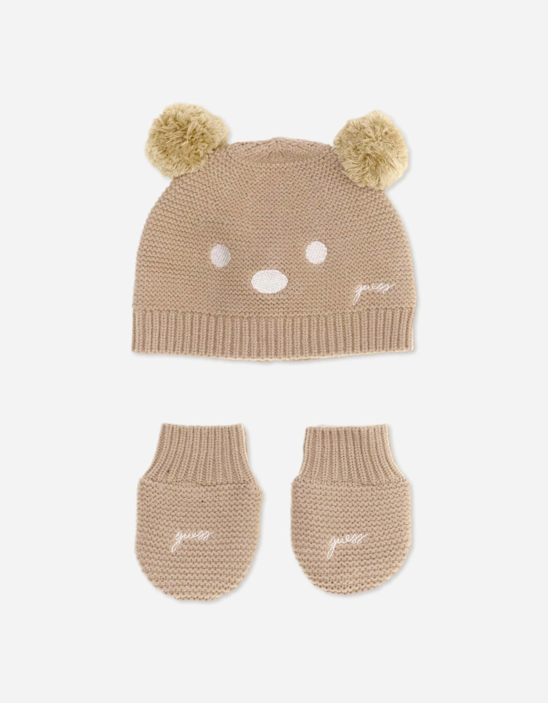 Guess Baby Pom Pom Hat and Mittens Set in Beige