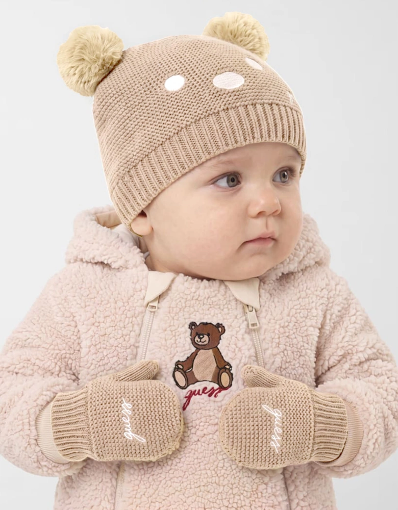 Guess Baby Pom Pom Hat and Mittens Set in Beige