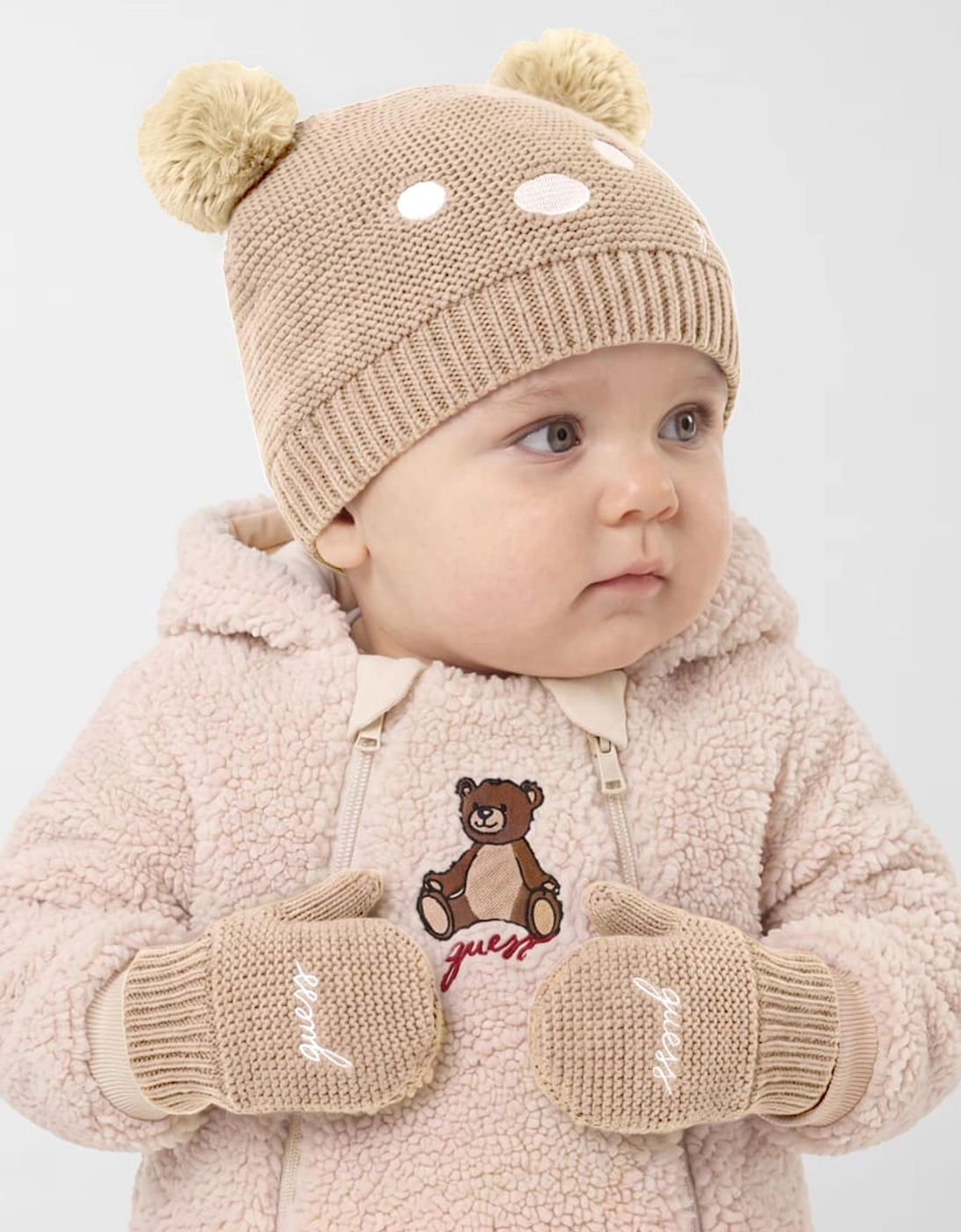 Guess Baby Pom Pom Hat and Mittens Set in Beige
