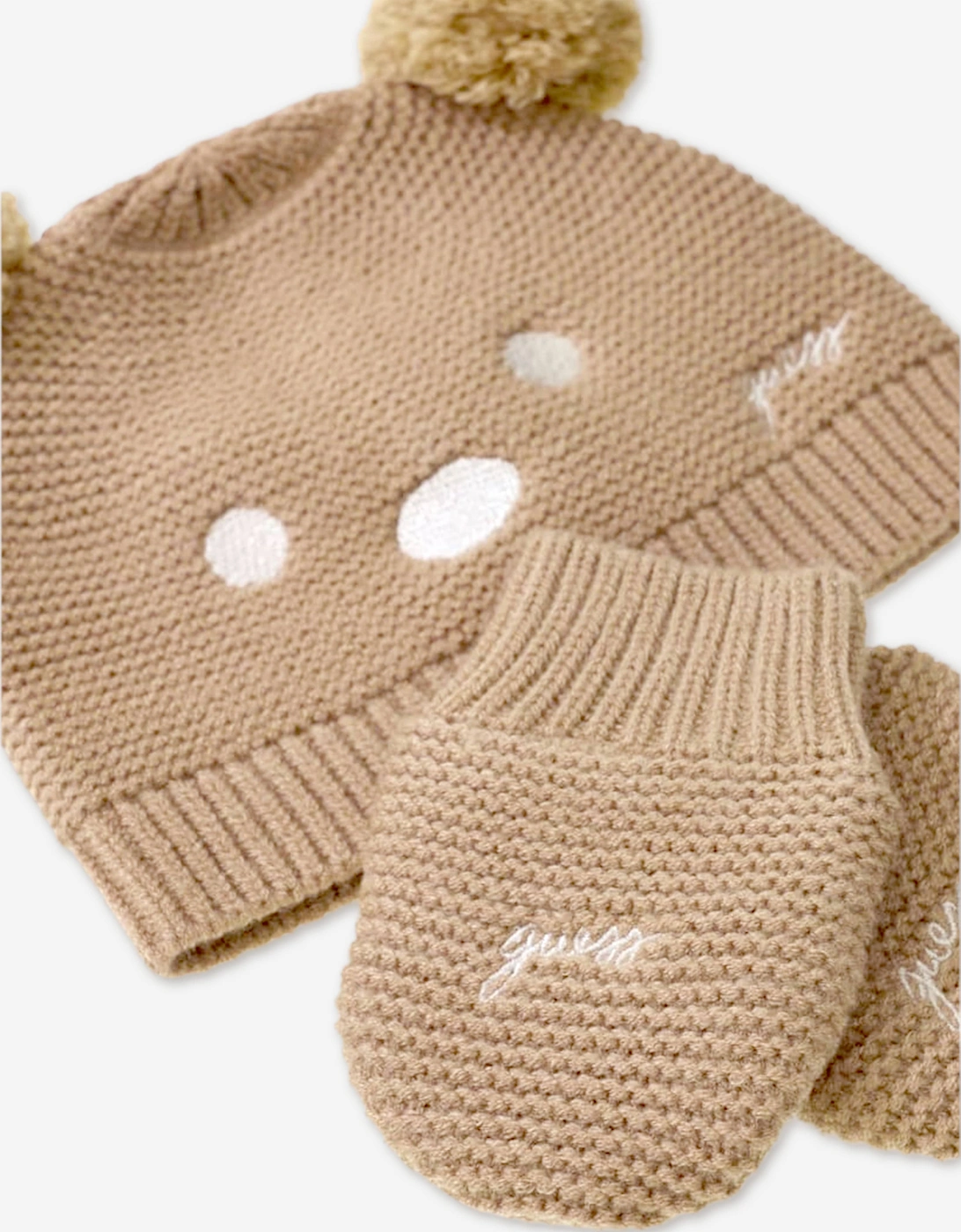 Guess Baby Pom Pom Hat and Mittens Set in Beige