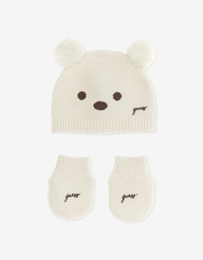 Guess Baby Pom Pom Hat and Mittens Set in Ivory