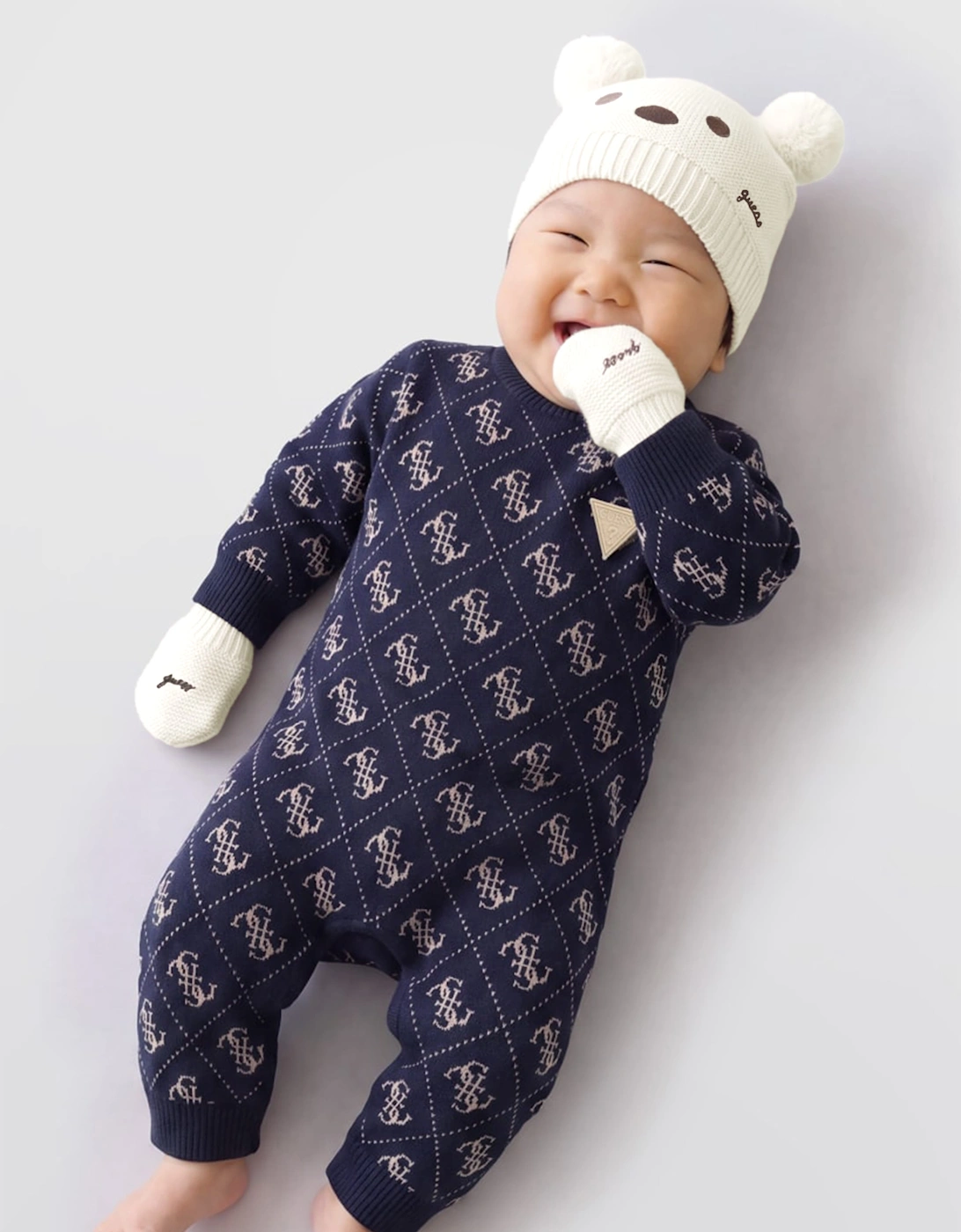 Guess Baby Pom Pom Hat and Mittens Set in Ivory