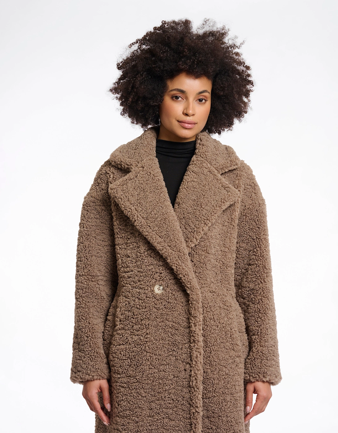 Rino & Pelle Elicia Womens Double Breasted Teddy Coat - Toffee