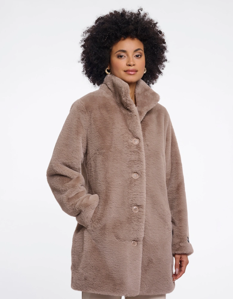 Rino & Pelle Nonna Womens Single Breasted Faux Fur Coat - Mocha Latte