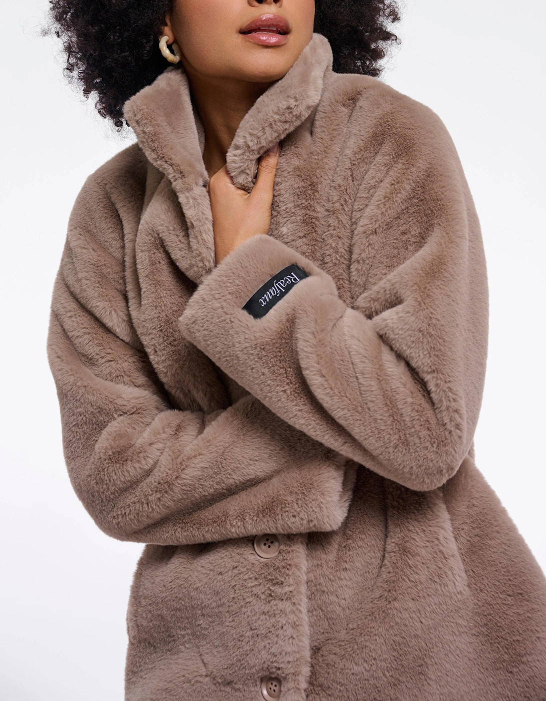 Rino & Pelle Nonna Womens Single Breasted Faux Fur Coat - Mocha Latte