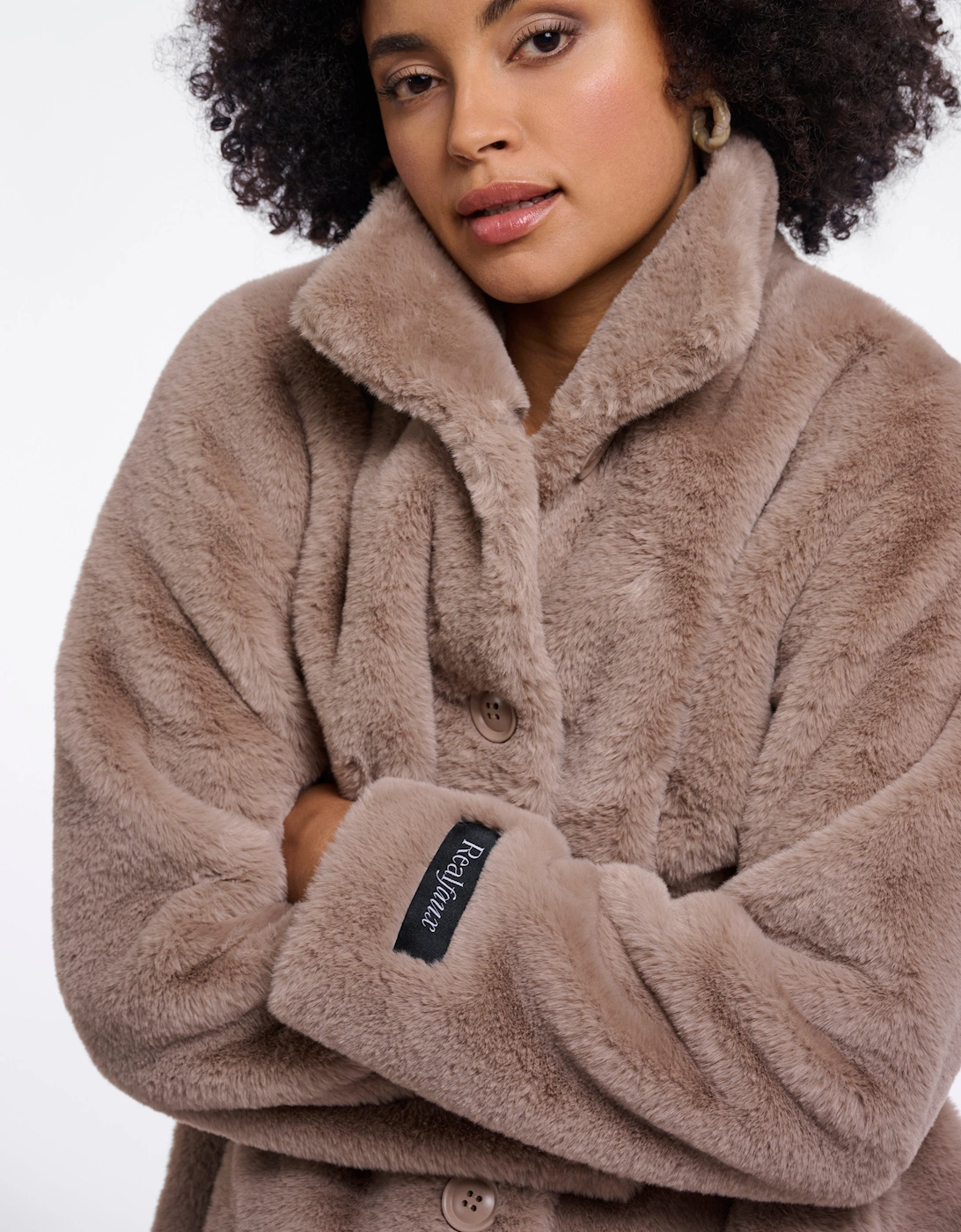 Rino & Pelle Nonna Womens Single Breasted Faux Fur Coat - Mocha Latte