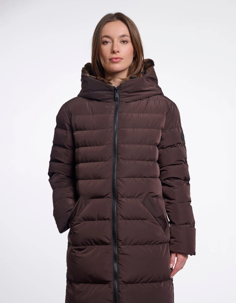 Rino & Pelle Keilafur Womens Long Padded Hooded Coat - Peated Brown Leopard