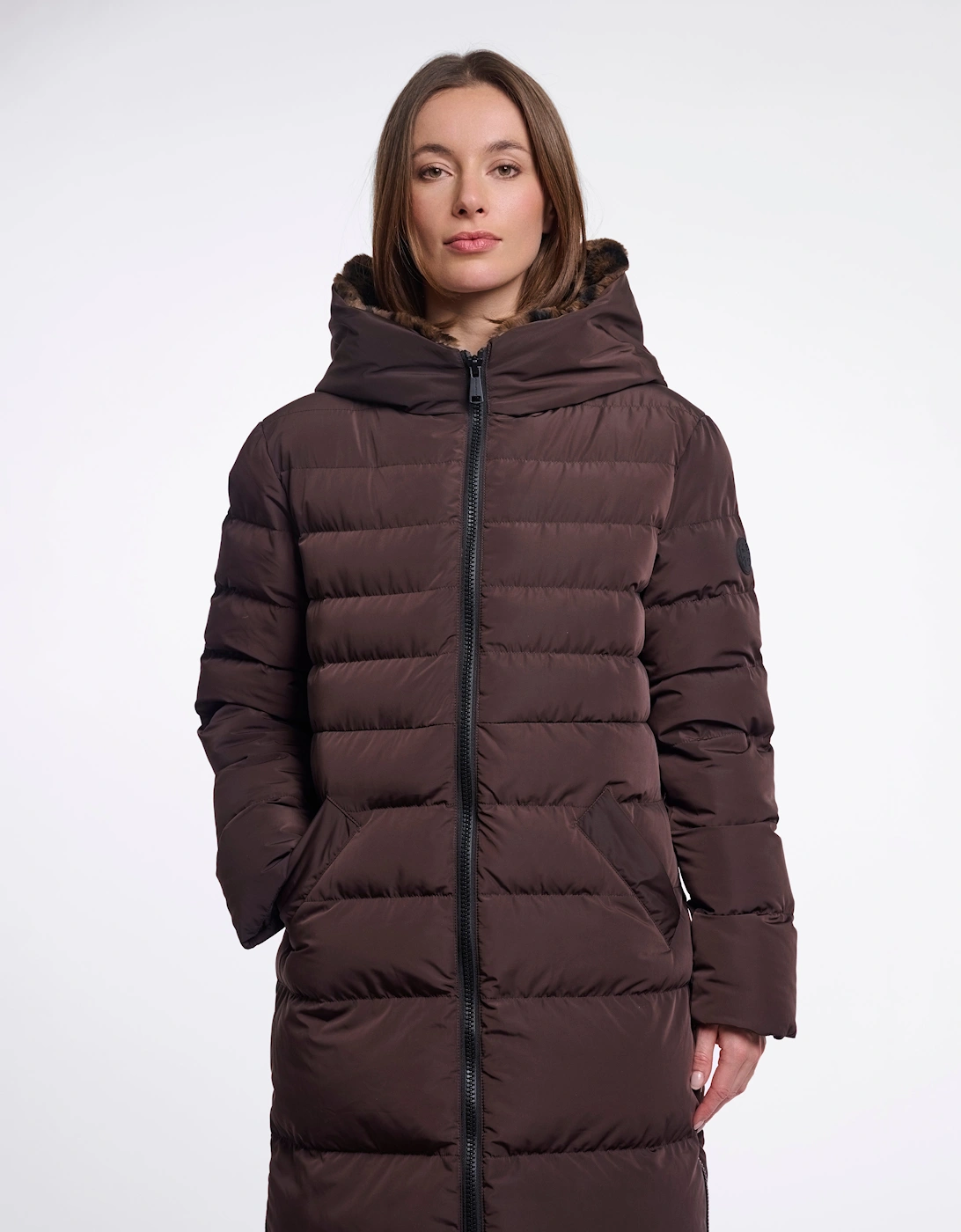 Rino & Pelle Keilafur Womens Long Padded Hooded Coat - Peated Brown Leopard