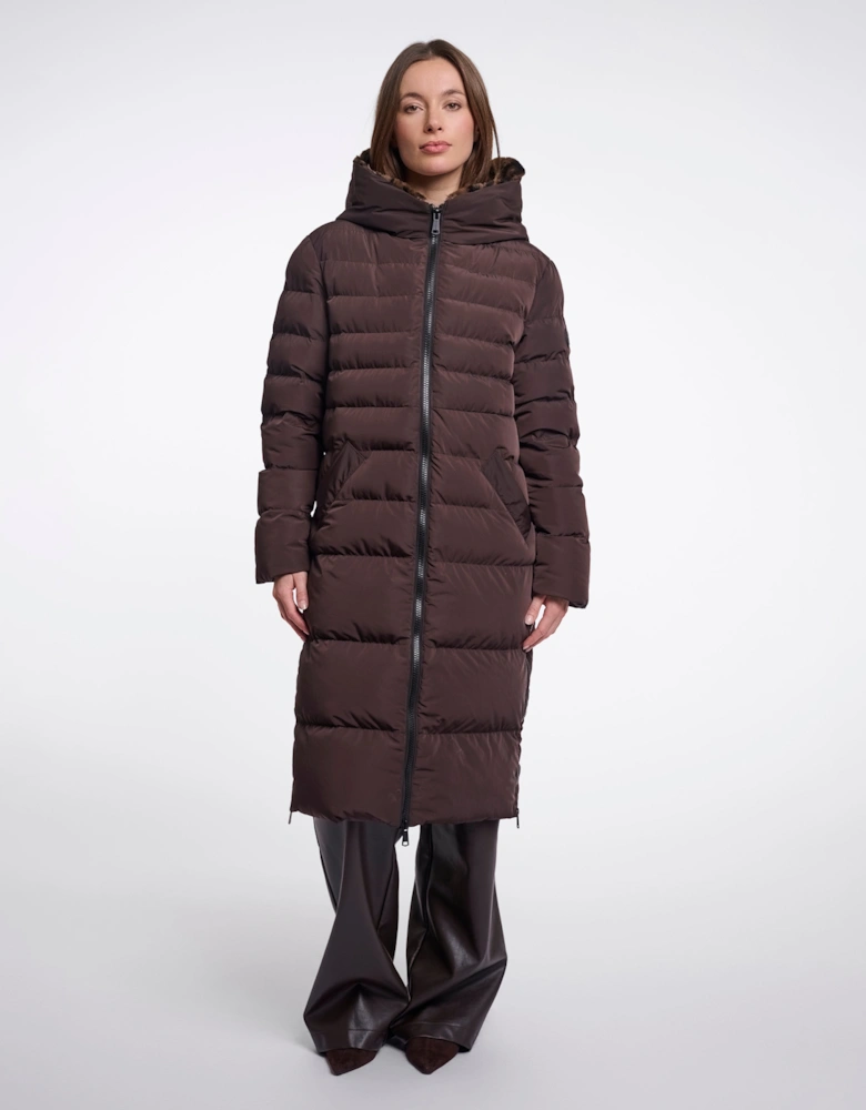 Rino & Pelle Keilafur Womens Long Padded Hooded Coat - Peated Brown Leopard