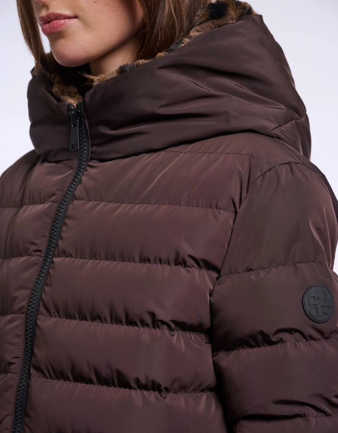 Rino & Pelle Keilafur Womens Long Padded Hooded Coat - Peated Brown Leopard