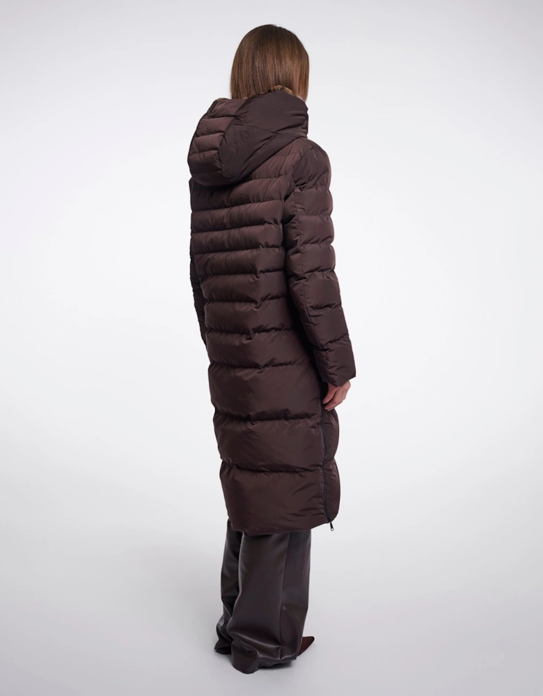 Rino & Pelle Keilafur Womens Long Padded Hooded Coat - Peated Brown Leopard
