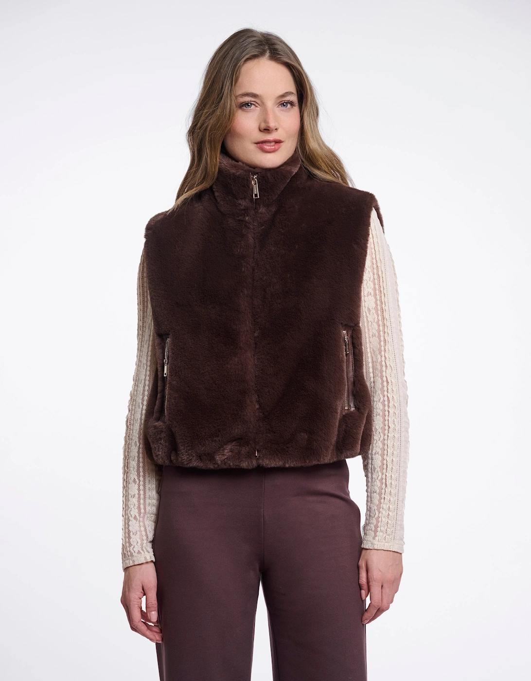 Rino & Pelle Nikki Womens Short Faux Fur Waistcoat - Coffee Roast