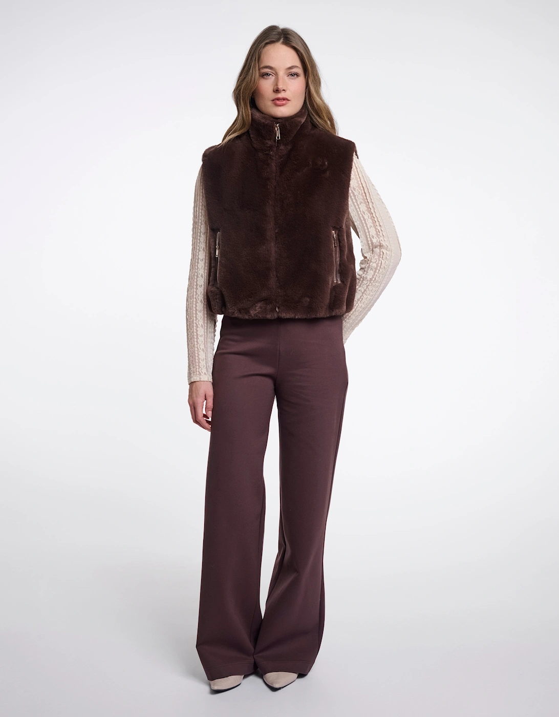 Rino & Pelle Nikki Womens Short Faux Fur Waistcoat - Coffee Roast
